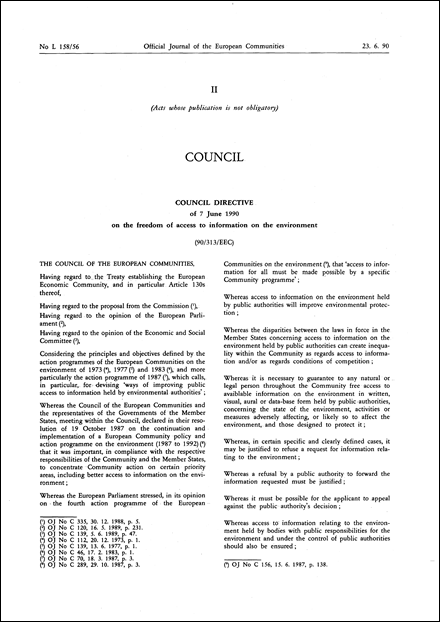Council Directive 90/313/EEC of 7 June 1990 on the freedom of access to information on the environment