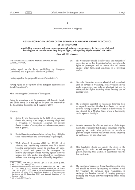 Regulation (EC) No 261/2004 Of The European Parliament And Of The ...