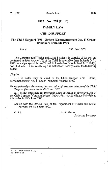 The Child Support (1991 Order) (Commencement No. 1) Order (Northern Ireland) 1992