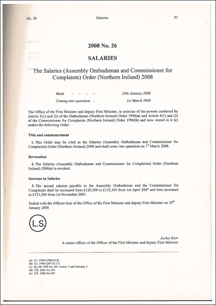 The Salaries (Assembly Ombudsman and Commissioner for Complaints) Order (Northern Ireland) 2008