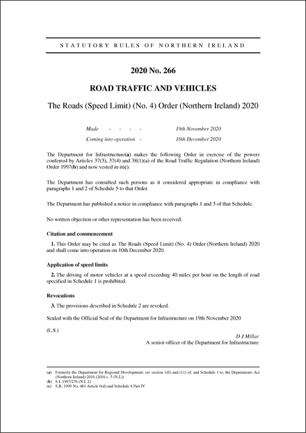 The Roads (Speed Limit) (No. 4) Order (Northern Ireland) 2020