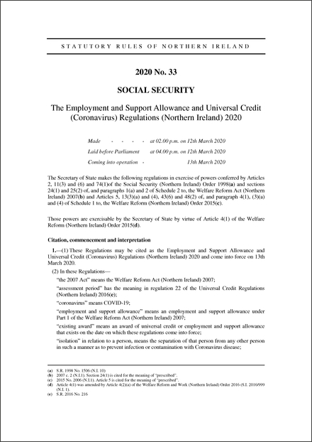 The Employment and Support Allowance and Universal Credit (Coronavirus) Regulations (Northern Ireland) 2020