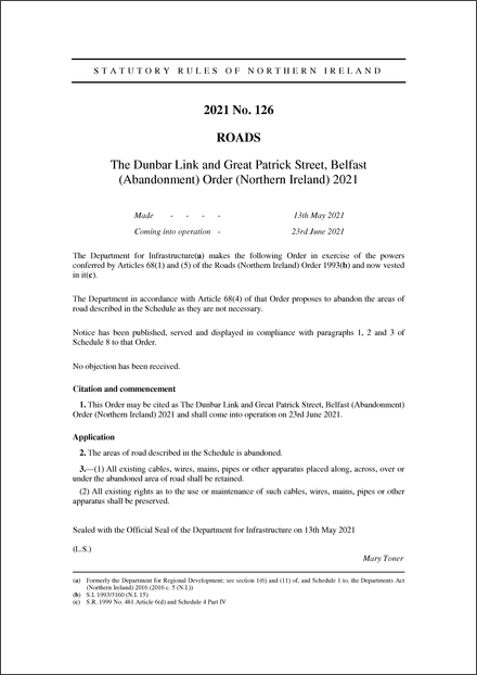 The Dunbar Link and Great Patrick Street, Belfast (Abandonment) Order (Northern Ireland) 2021