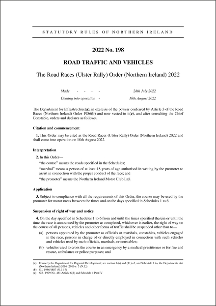 The Road Races (Ulster Rally) Order (Northern Ireland) 2022