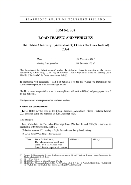 The Urban Clearways (Amendment) Order (Northern Ireland) 2024