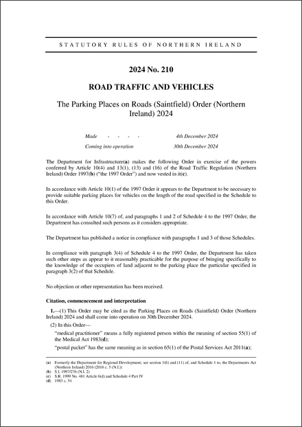 The Parking Places on Roads (Saintfield) Order (Northern Ireland) 2024