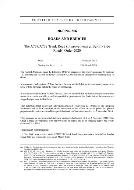 The A737/A738 Trunk Road (Improvements at Beith) (Side Roads) Order 2020