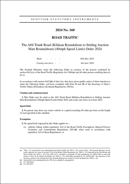 The A84 Trunk Road (Kildean Roundabout to Stirling Auction Mart Roundabout) (40mph Speed Limit) Order 2024