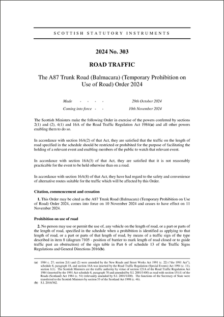 The A87 Trunk Road (Balmacara) (Temporary Prohibition on Use of Road) Order 2024