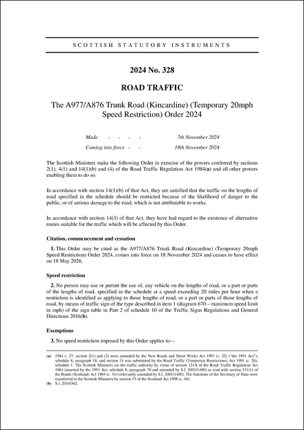 The A977/A876 Trunk Road (Kincardine) (Temporary 20mph Speed Restriction) Order 2024