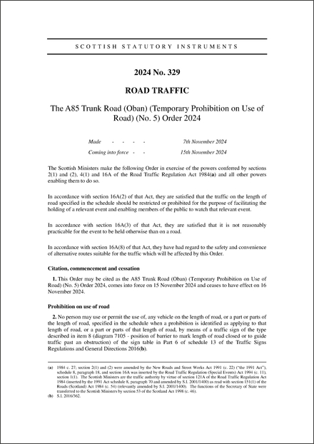 The A85 Trunk Road (Oban) (Temporary Prohibition on Use of Road) (No. 5) Order 2024