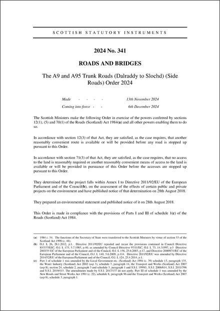 The A9 and A95 Trunk Roads (Dalraddy to Slochd) (Side Roads) Order 2024