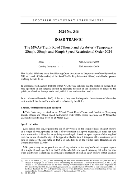 The M9/A9 Trunk Road (Thurso and Scrabster) (Temporary 20mph, 30mph and 40mph Speed Restrictions) Order 2024