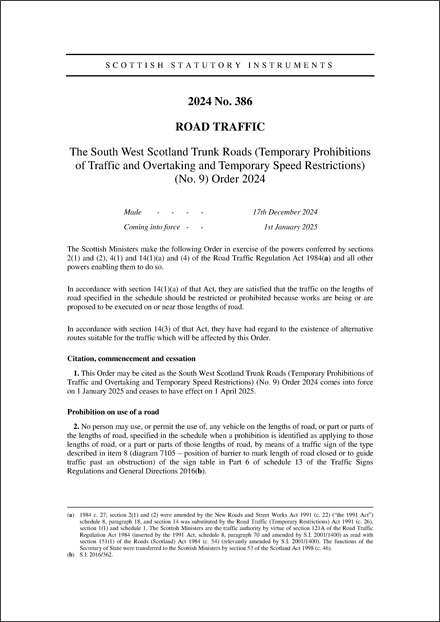 The South West Scotland Trunk Roads (Temporary Prohibitions of Traffic and Overtaking and Temporary Speed Restrictions) (No. 9) Order 2024