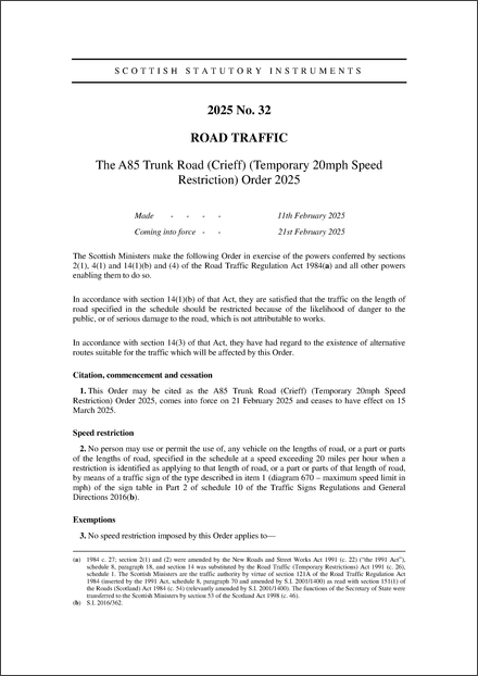 The A85 Trunk Road (Crieff) (Temporary 20mph Speed Restriction) Order 2025