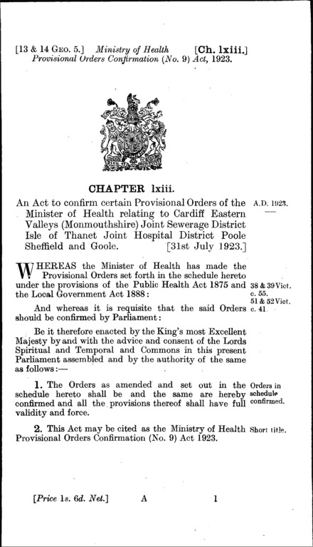 Ministry of Health Provisional Orders Confirmation (No. 9) Act 1923