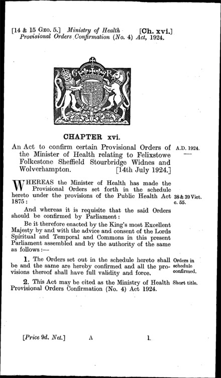 Ministry of Health Provisional Orders Confirmation (No. 4) Act 1924