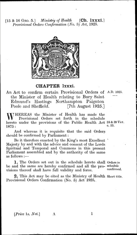 Ministry of Health Provisional Orders Confirmation (No. 5) Act 1925