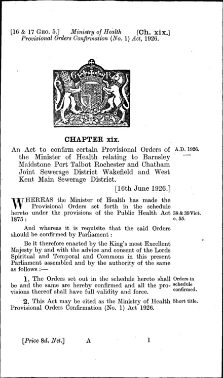Ministry of Health Provisional Orders Confirmation (No. 1) Act 1926