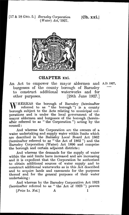 Barnsley Corporation (Water) Act 1927