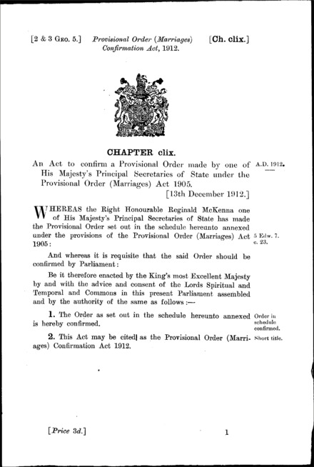 Provisional Order (Marriages) Confirmation Act 1912