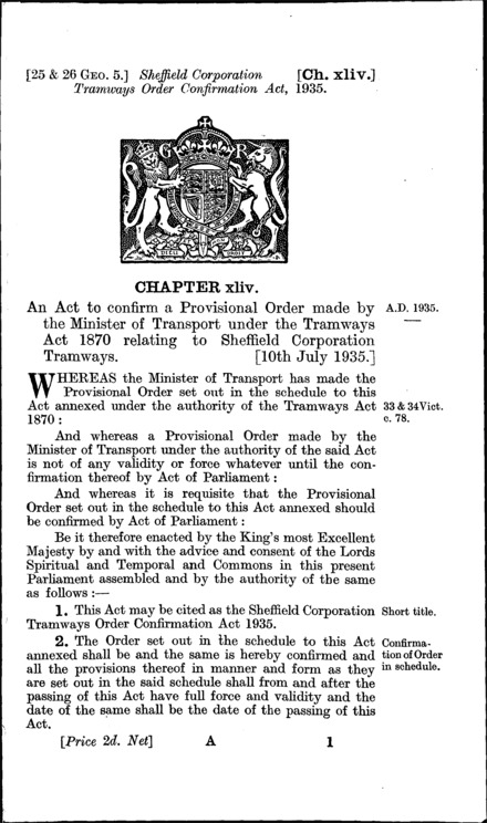 Sheffield Corporation Tramways Order Confirmation Act 1935