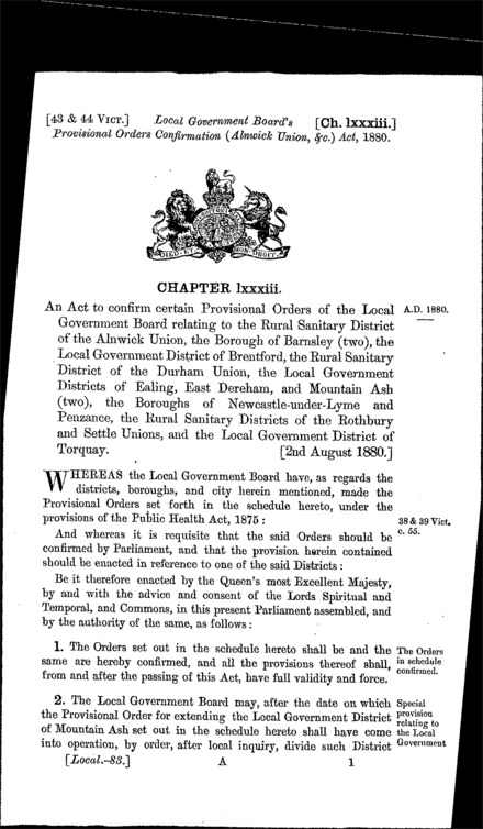 Local Government Board's Provisional Orders Confirmation (Alnwick Union, &c.) Act 1880