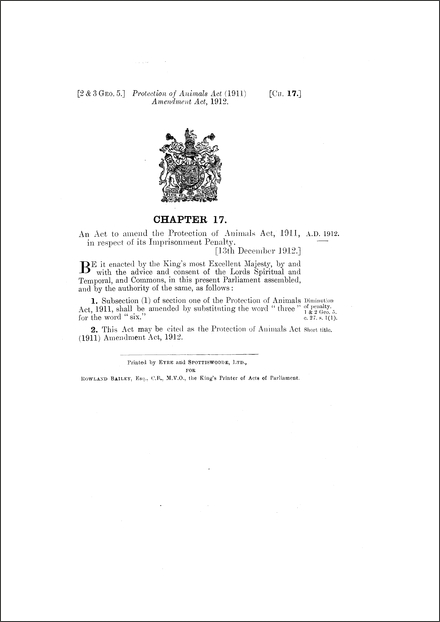 Protection of Animals Act (1911) Amendment Act 1912