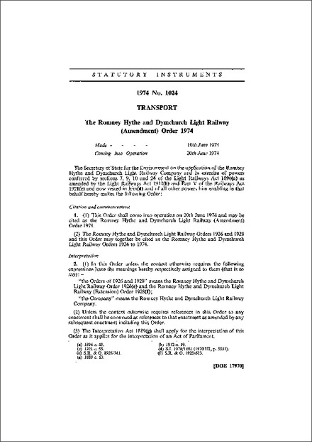 The Romney Hythe and Dymchurch Light Railway (Amendment) Order 1974