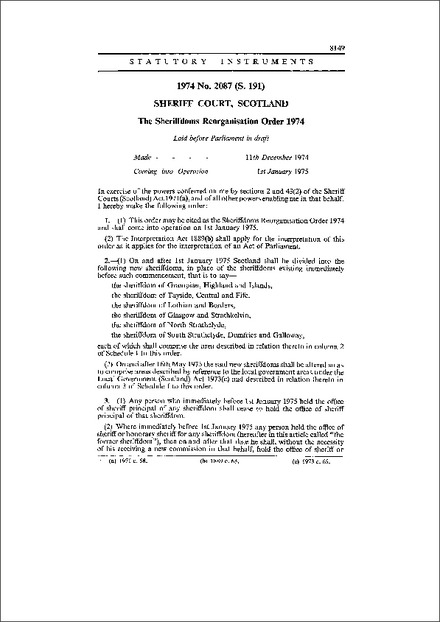The Sheriffdoms Reorganisation Order 1974