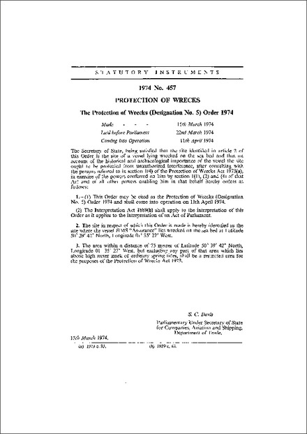The Protection of Wrecks (Designation No. 5) Order 1974
