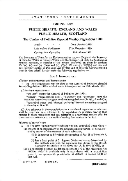 The Control of Pollution (Special Waste) Regulations 1980