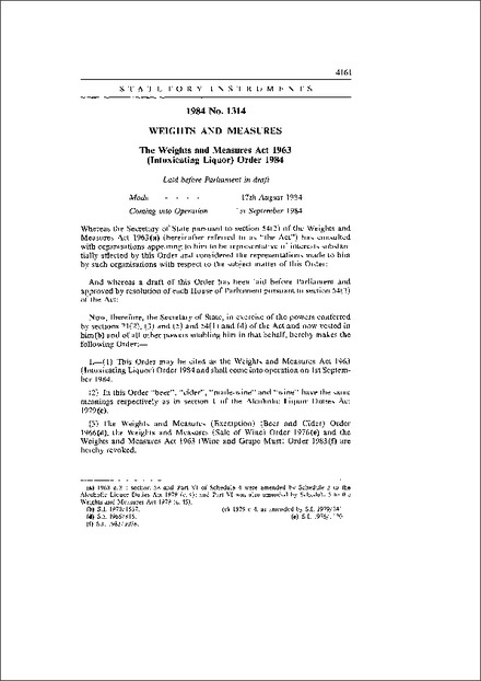 The Weights and Measures Act 1963 (Intoxicating Liquor) Order 1984