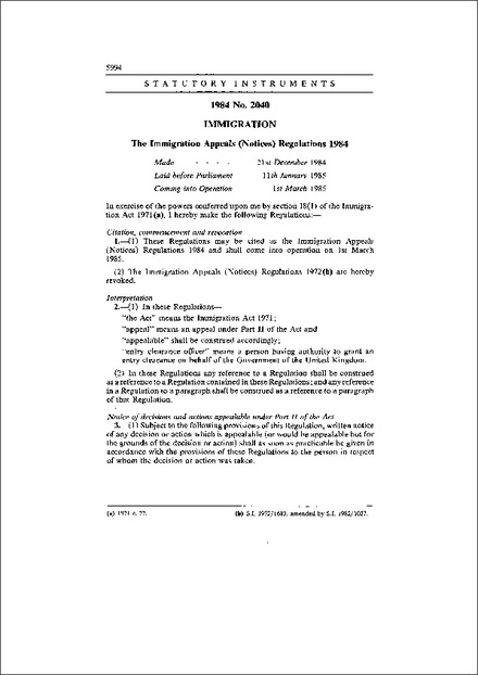 The Immigration Appeals (Notices) Regulations 1984