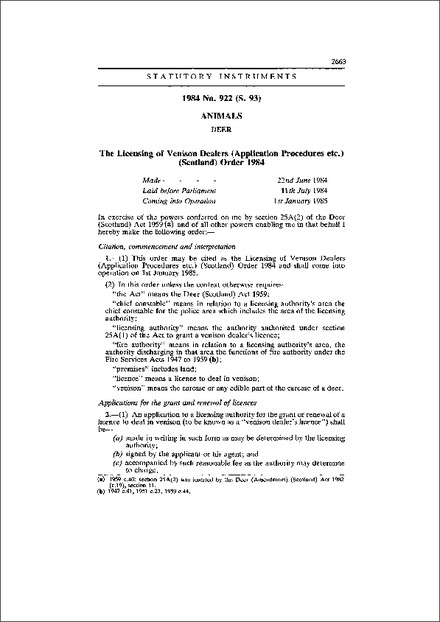 The Licensing of Venison Dealers (Application Procedures etc.) (Scotland) Order 1984
