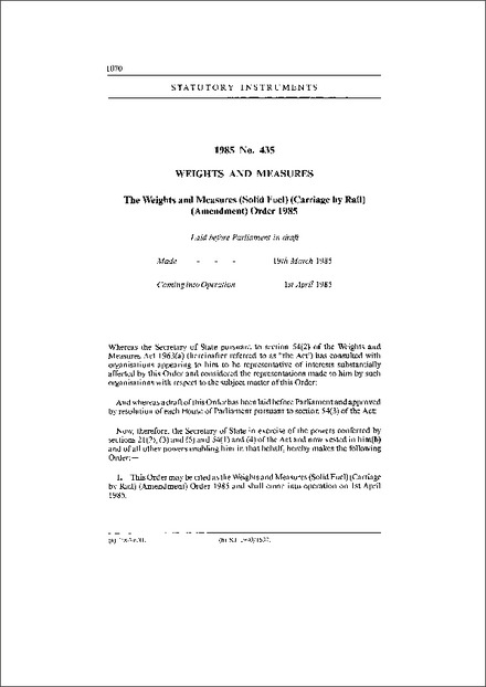 The Weights and Measures (Solid Fuel) (Carriage by Rail) (Amendment) Order 1985