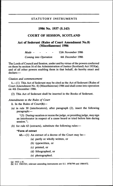 Act of Sederunt (Rules of Court Amendment No. 8) (Miscellaneous) 1986