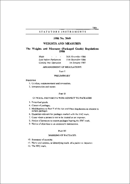 The Weights and Measures (Packaged  Goods) Regulations 1986