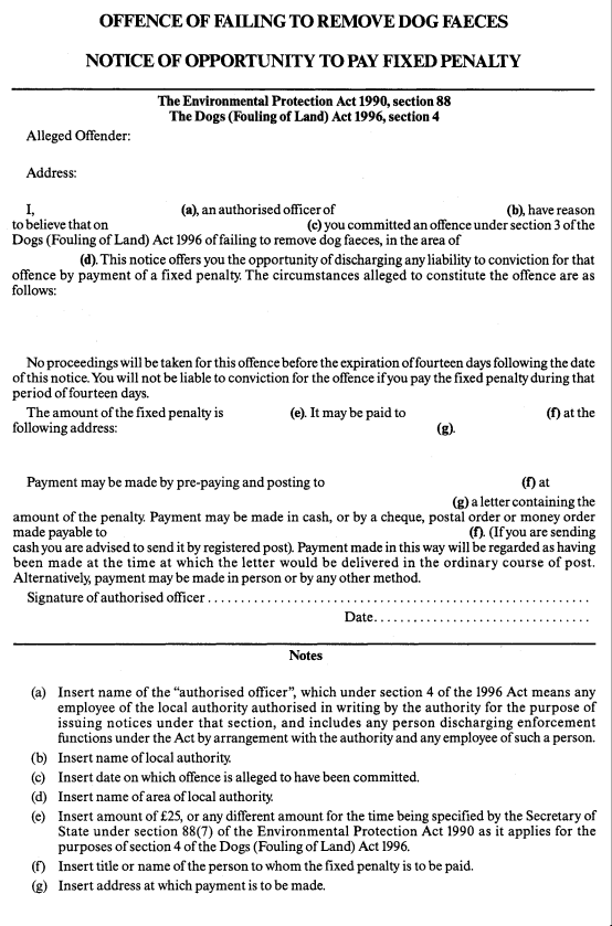 The Dog Fouling (Fixed Penalties) Order 1996 No. 2763