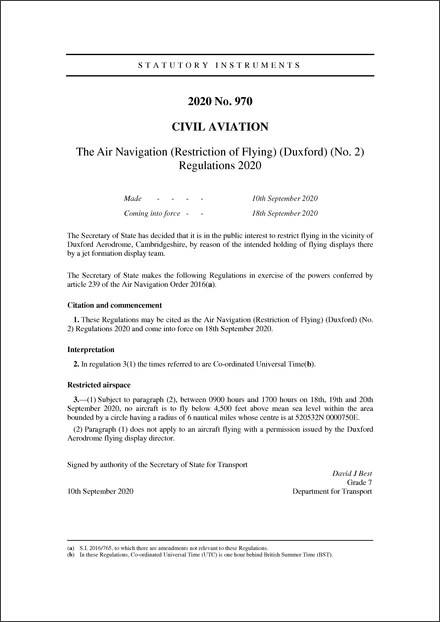 The Air Navigation (Restriction of Flying) (Duxford) (No. 2) Regulations 2020
