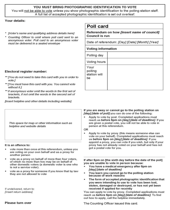 Mayoral Referendum - combined poll - Official Poll Card (to be sent to a voter voting in person) - Front of form