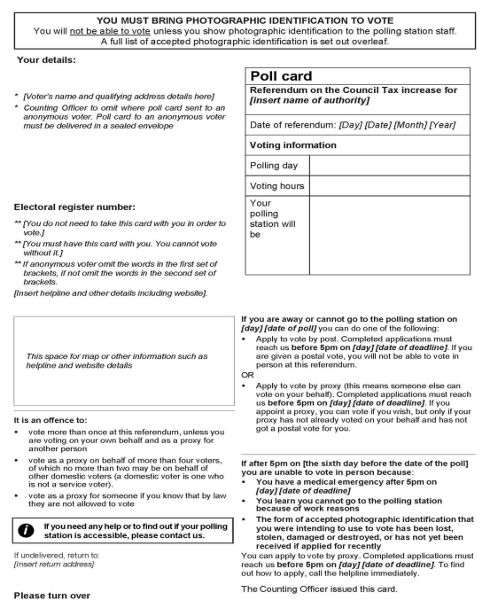 Council Tax Referendum - combined poll - Official Poll Card (to be sent to a voter voting in person) - Front of form