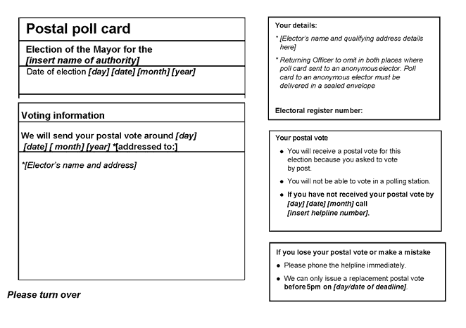 Form 9A: official postal poll card (for use at mayoral elections in England) - p1