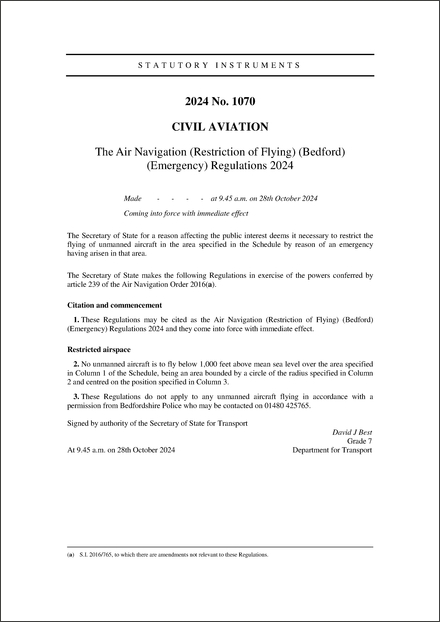 The Air Navigation (Restriction of Flying) (Bedford) (Emergency) Regulations 2024