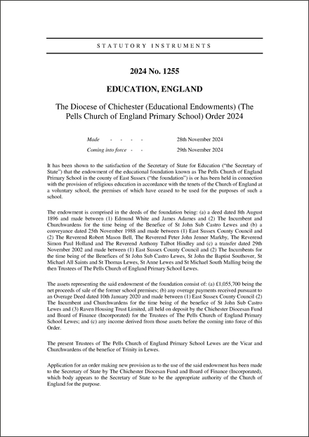 The Diocese of Chichester (Educational Endowments) (The Pells Church of England Primary School) Order 2024