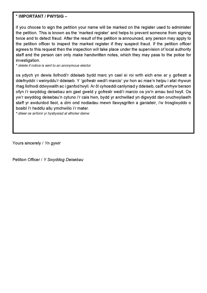 Form D - official petition notice for an elector who may sign the petition in person - for recall petitions in Wales - page 5 of 6