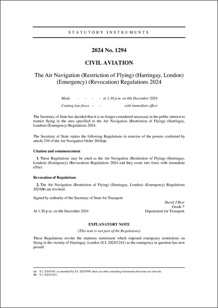 The Air Navigation (Restriction of Flying) (Harringay, London) (Emergency) (Revocation) Regulations 2024