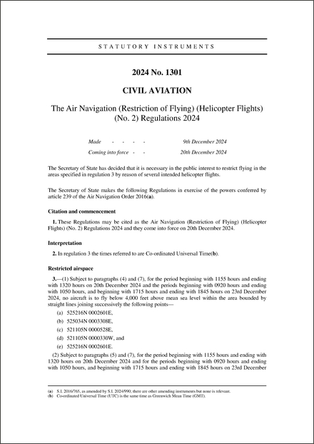 The Air Navigation (Restriction of Flying) (Helicopter Flights) (No. 2) Regulations 2024