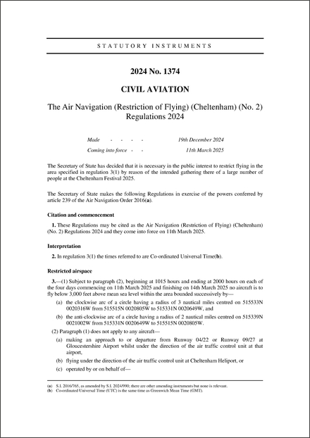 The Air Navigation (Restriction of Flying) (Cheltenham) (No. 2) Regulations 2024