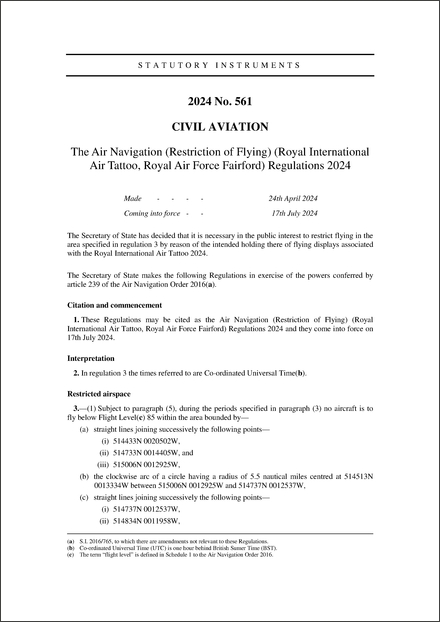 The Air Navigation (Restriction of Flying) (Royal International Air Tattoo, Royal Air Force Fairford) Regulations 2024